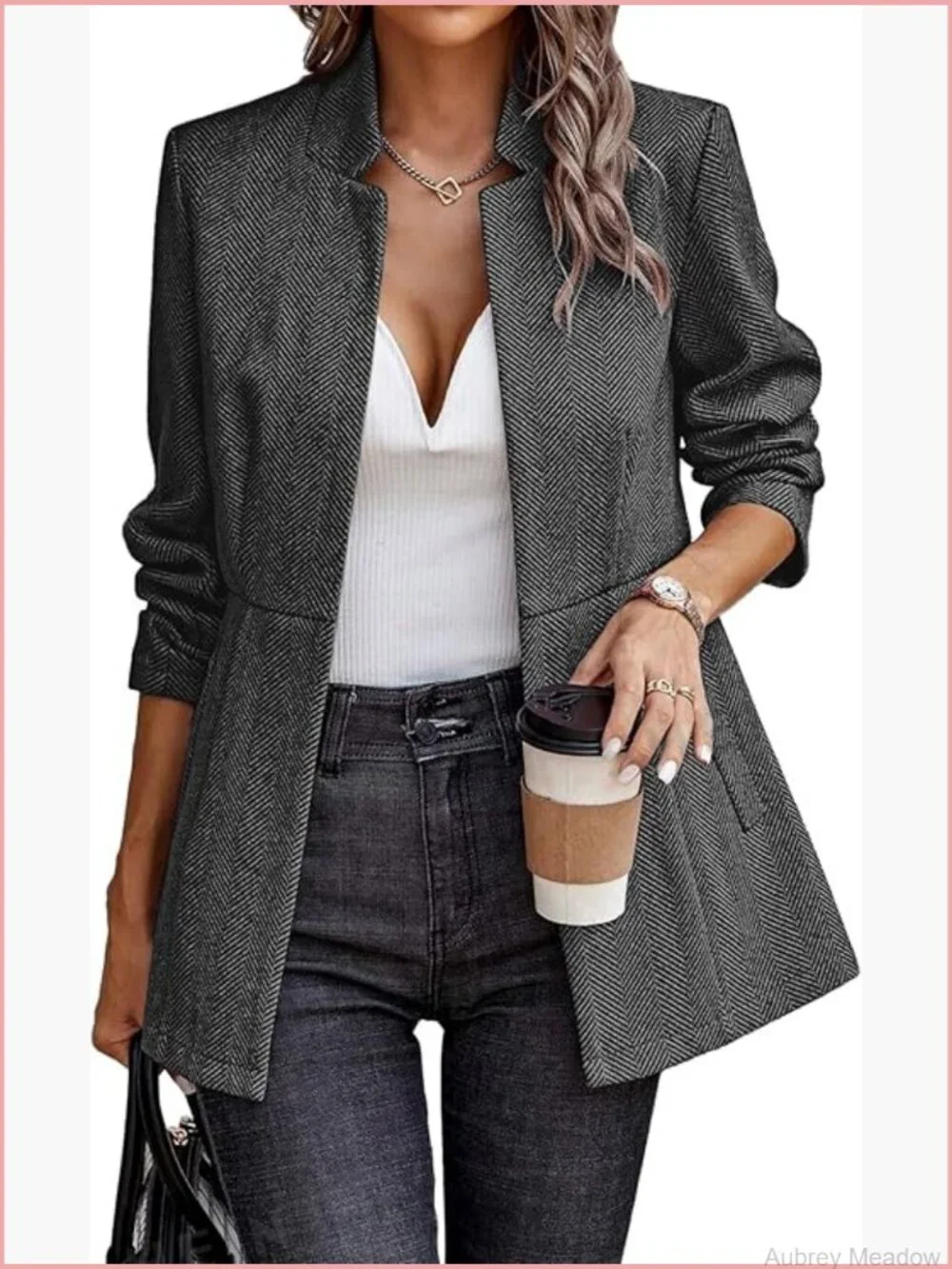 Women's Open Front Herringbone Blazer - Long Sleeve Business Casual Work Jacket